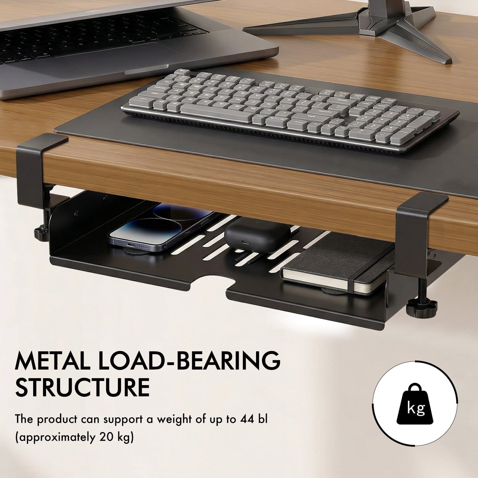 Grusce Under Desk Laptop Storage Shelf No Drill Metal Under Table Storage Tray with Cable Management and Clamp Mount Hold Up to 20 kg for Home Office Dorm