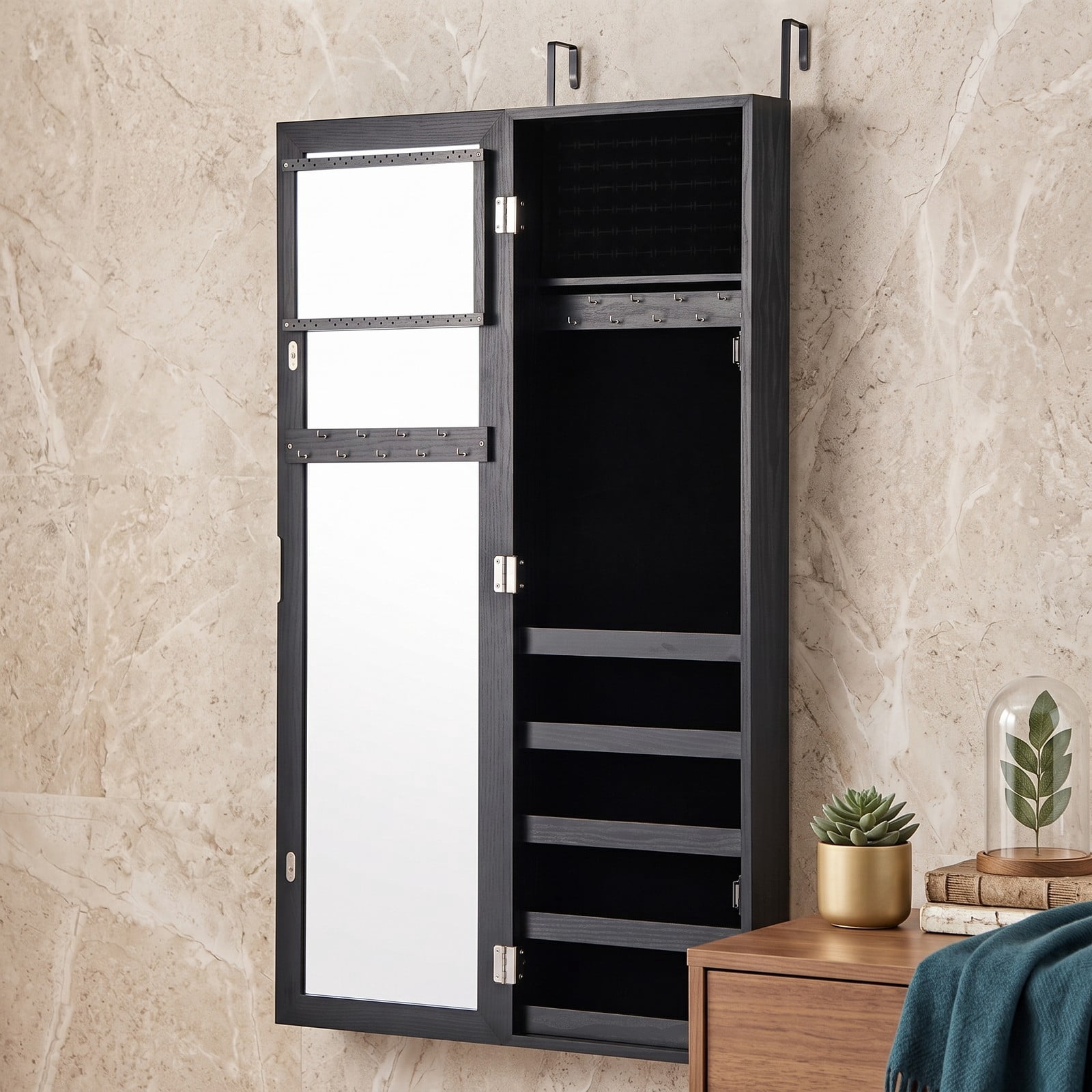 Furnibear Wall and Door Mounted Armoire Jewelry Cabinet with Full-Length Mirror and Velvet Lining for Bedroom Storage, Black