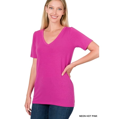 Zenana Women & Plus Relaxed Fit V-Neck Short Sleeve Basic Jersey T-Shirt Tops price history on PriceWatchPro