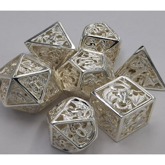 Galactic Dice Premium Dice Sets - Hollow Silver Dragon Set of 7 Dice with Tin