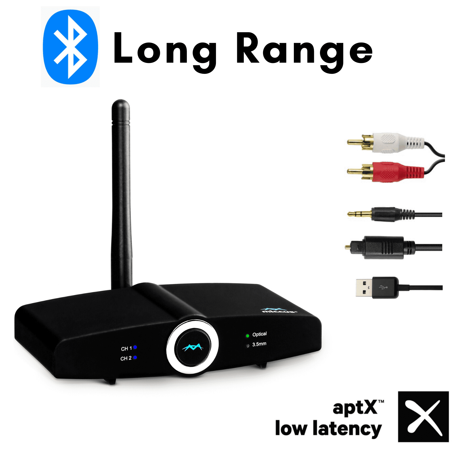 Proven 300ft Long Range Bluetooth Transmitter Receiver for TV PC Stereo, Connect Speaker or Headphones, aptX Low Latency Wireless Adapter, No Audio Delay, USB Optical AUX 3.5mm RCA-Miccus Home RTX 2