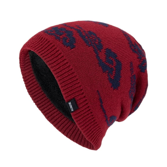 Lovskoo Men's Warm Knitted Hat Winter Hat Plush Thickened Pattern Hoodie Men's Outdoor Hat Claret
