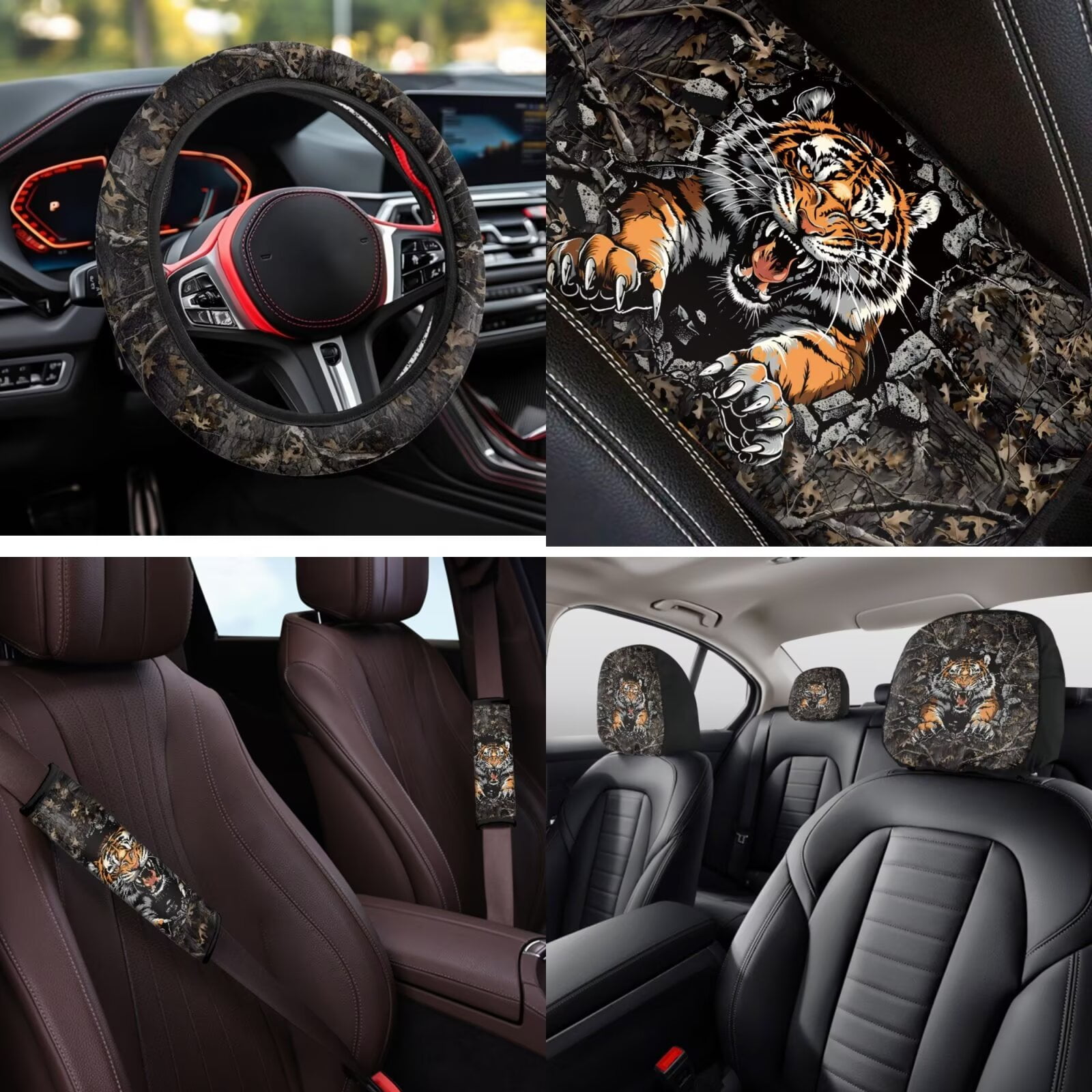 Uorisanigo Camo Tiger 14 Pcs Car Seat Covers Full Set with Auto Steering Wheel Cover Armrest Cushion Protector Seat Belt Covers Automotive Interior Sets Unverisal Fit Cars SUV Turcks