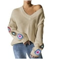 thumbnail image 2 of Amidoa Womens Sweaters Long Sleeve Beige V-Neck Crochet Embroidered Loose Fall Sweaters Womens Cardigan Sweaters L, 2 of 6