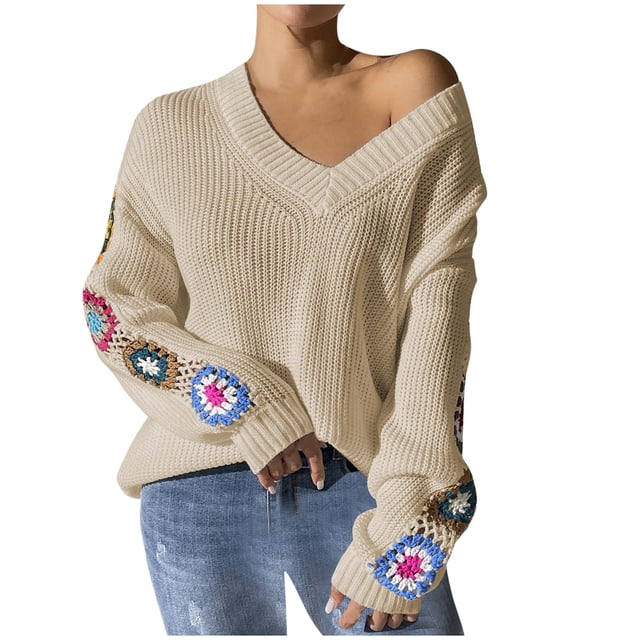 Rbaofujie Sweaters Women's V-neck Random Mixed Color Embroidered Patchwork Pullover Sweater Tops Beige Womens Tops