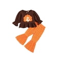 thumbnail image 1 of Xingqing Thanksgiving Toddler Baby Girl Ruffle Long Sleeve Turkey Printed Tops + Leopard Flared Pants 2Pcs Clothes, 1 of 9