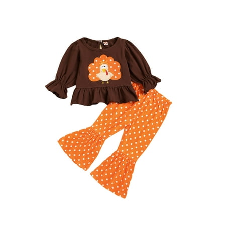 

Canrulo Thanksgiving Toddler Baby Girl Ruffle Long Sleeve Turkey Printed Tops + Leopard Flared Pants 2Pcs Clothes Brown Orange 2-3 Years