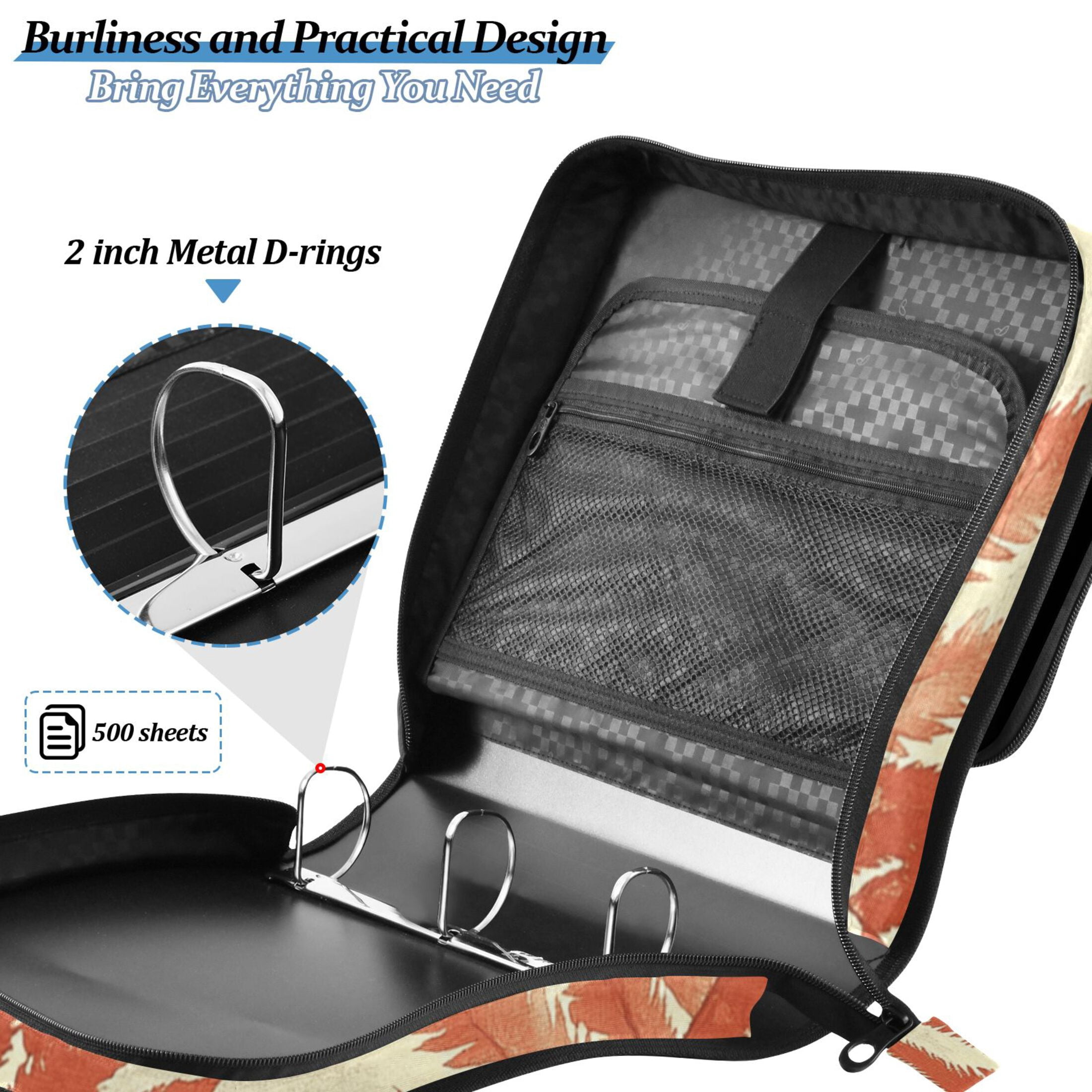 3 Ring Zipper Binder with Shoulder Strap Waterproof Trapper Keeper 2 Inch D-Ring 500 Sheets Capacity Fern Leaves