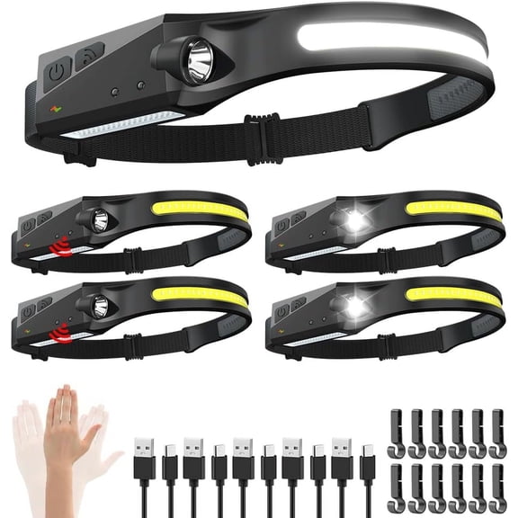 Rechargeable Headlamp 3PCS, 230° Wide Beam Head Lamp, Motion Sensor LED Headlamp Rechargeable, 5Mode Bright Headlamps for Adults, Head Lights for Forehead, Hard Hat Headlight, Camping Essentials Gear