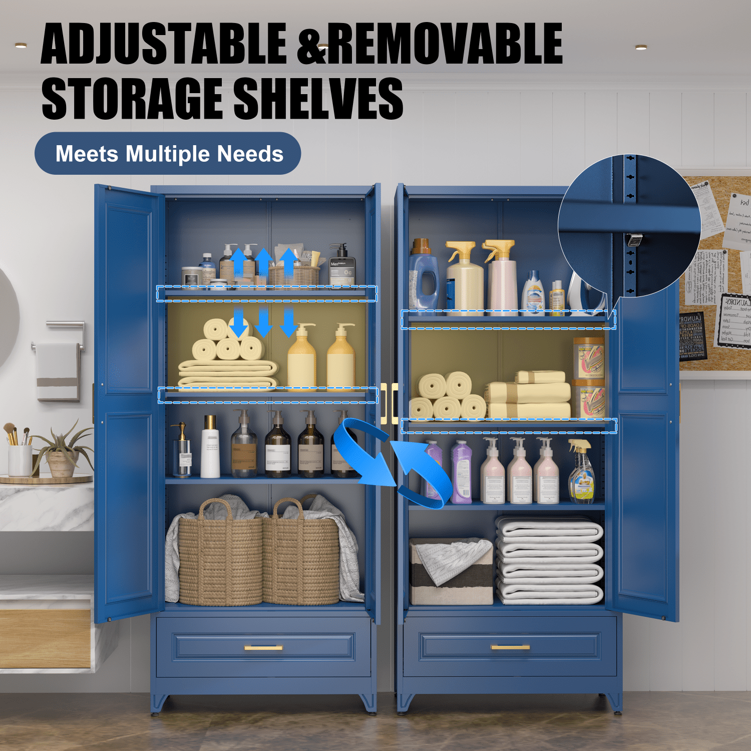 Polup 75" H Blue Kitchen Pantry Storage Cabinets with Drawers, Doors and Adjustable Shelves, Steel Large Cupboard