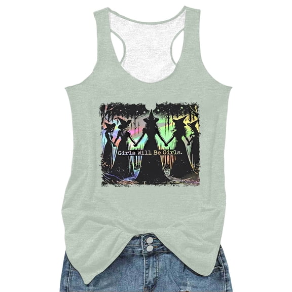 Wang6 Women Plus Size Loose Fit Tank Tops Causal Girls Will Be Girls Letter Printed Sleeveless Tops Crew Neck Workout Shirts Graphic Tees Light Green XL