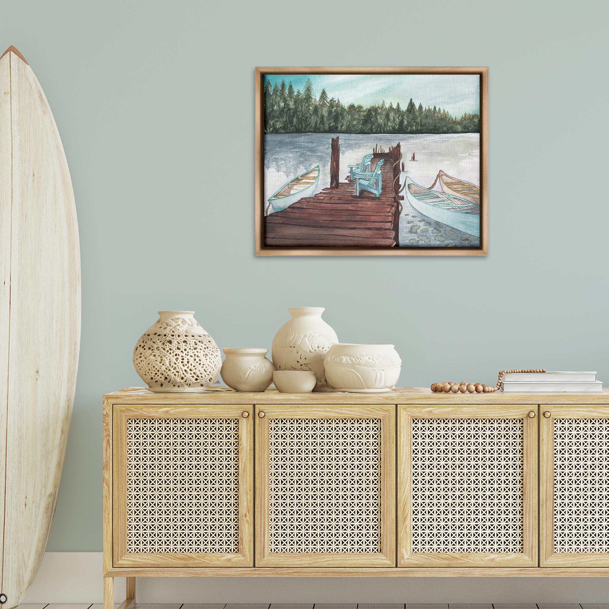 Stupell Industries Canoes at Lake Dock Landscape Painting Brown Floater Framed Canvas Art Print Wall Art, 31 x 25