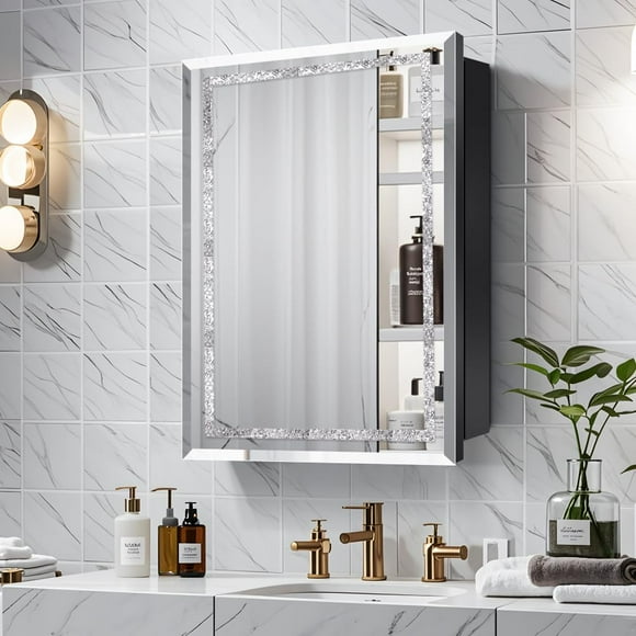 Janboe 16×24inch Medicine CabinetDecorative Mirror Cabinet with Beveled MirrorSolf Close HingeDiamond Crushed MirrorDetachable Side Plate for Recess Mount or Surface MountBlack
