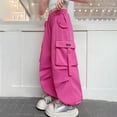 thumbnail image 5 of CPNG Girls Casual Cargo Jeans Teen Girls Wide Leg Straight Solid Color Pants Daily Elastic High Waisted Denim Trousers(Hot Pink,15-16 Years), 5 of 7