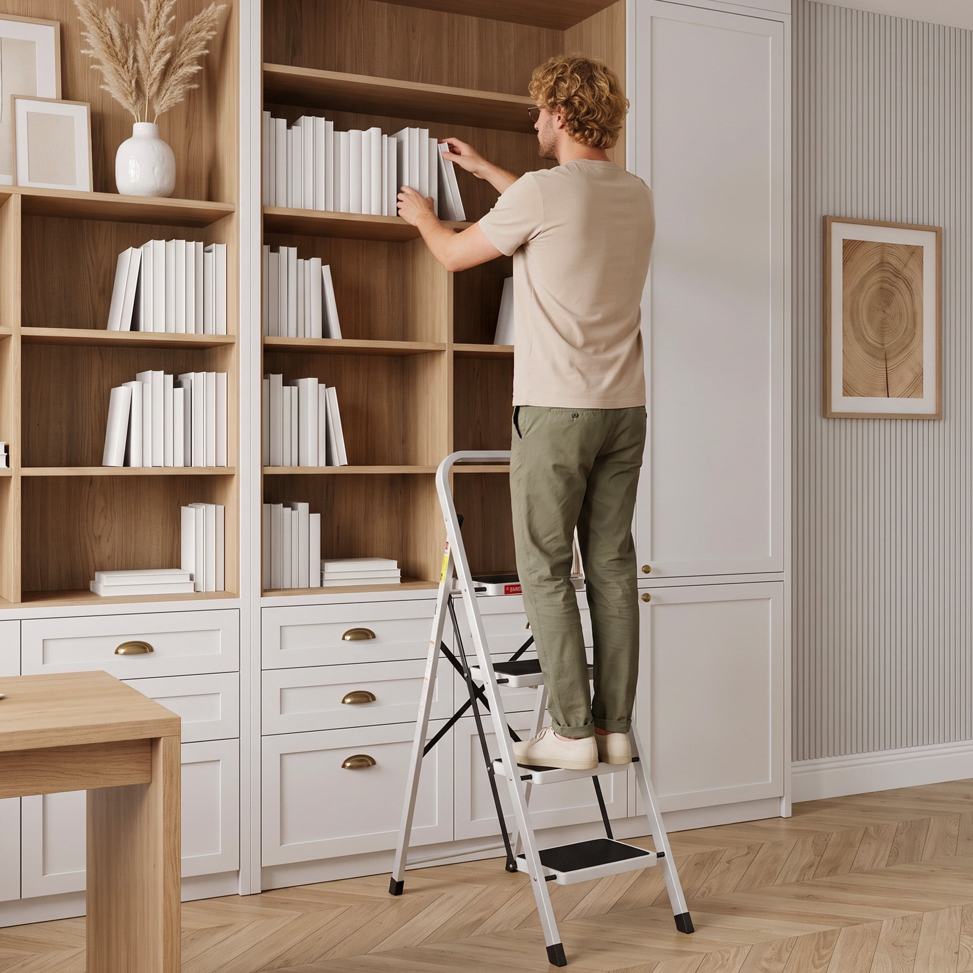 LevLad 4 Step Folding Ladder, Lightweight Portable Stepladder with Anti-Slip Pedal, Ladders with Convenient Handrails, Steel Stool for Kitchen, Home Improvement,White