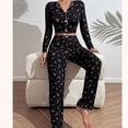 thumbnail image 6 of JZROCKER Women Floral Print Pajamas Set 2Pcs Ruffle Trim Long Sleeve Sleepwear Lapel V Neck Bowknot Crop Top and Long Pants, 6 of 14