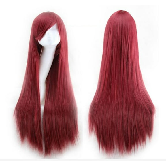 Techtongda 80cm Wine Red Universal Wig Straight Sleek Long Full Hair Wigs Side Bangs