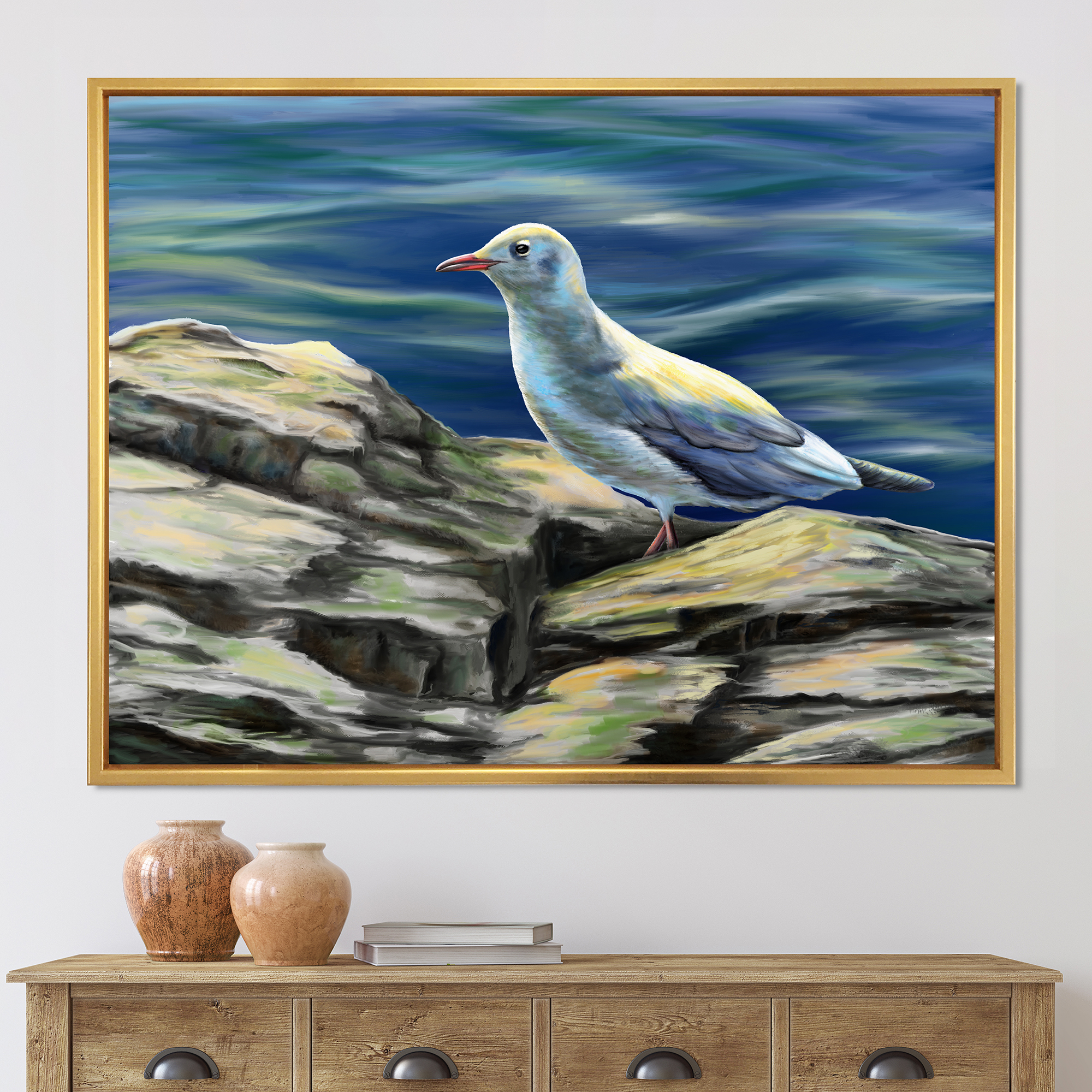 Designart 'Portrait of Seagull Birds By The Sea' Nautical & Coastal Framed Canvas Wall Art Print