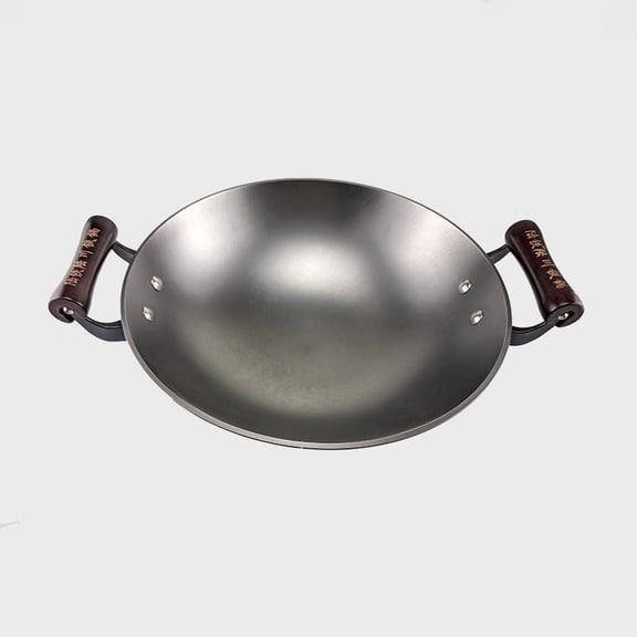 Lu Chuan Cast Iron Wok - Traditional Double Ear Round Bottom Chinese Fry Pan, Coating-Free Stir Fry Wok for Gas Stove, Home Kitchen Cooking