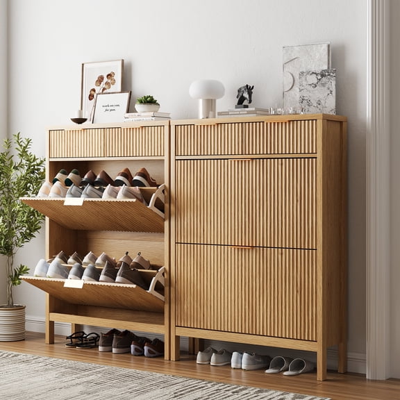 VEANERWOOD Fluted Shoe Storage Cabinet with 2 Flip Doors and 2 Drawer for Entryway, Freestanding Shoe Rack Organizer Cabinet with Adjustable Shelves, Natural
