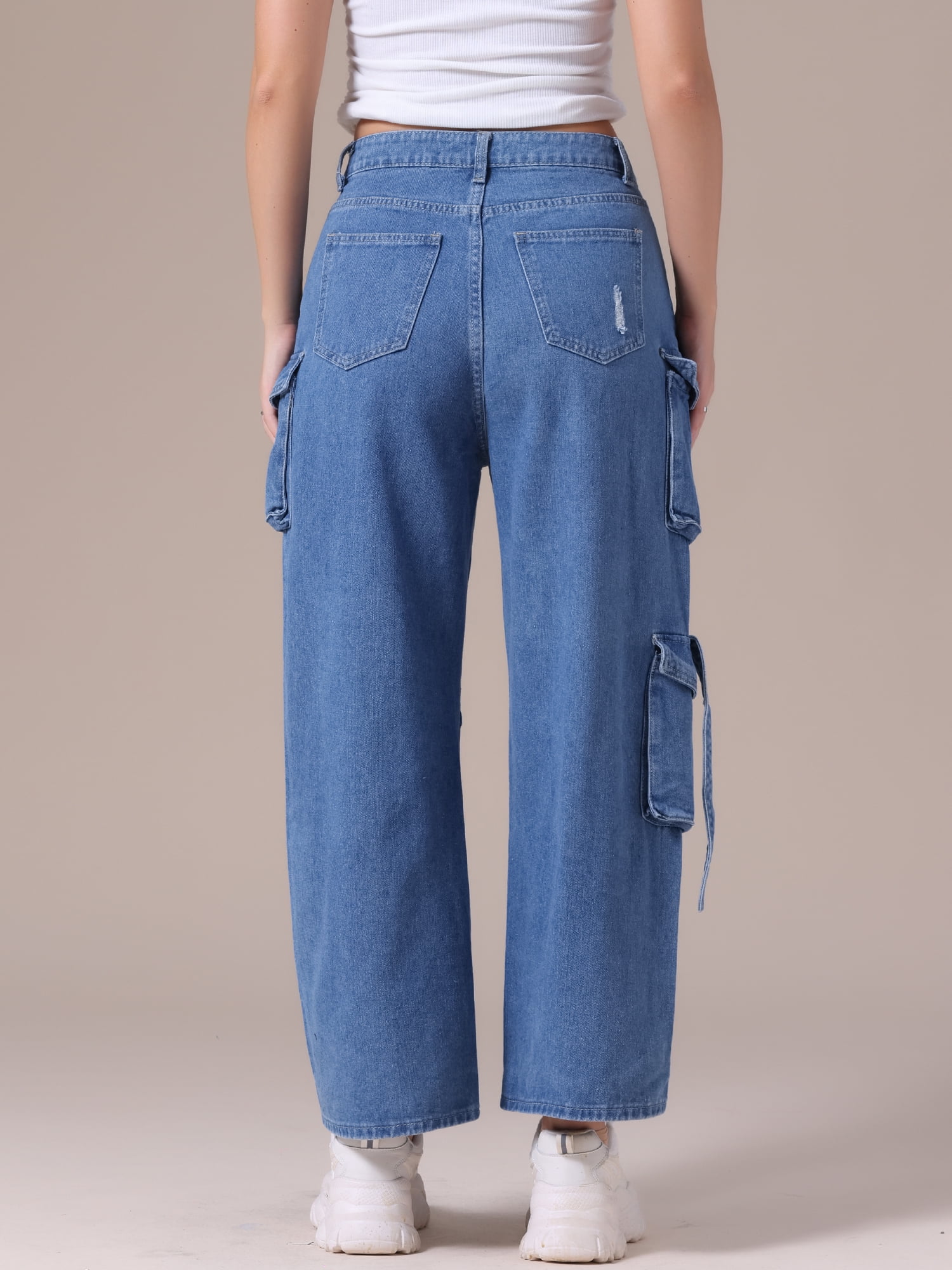 DARING DIVA Women's Cargo Jeans Straight High Waist Baggy Denim Pants XL Blue