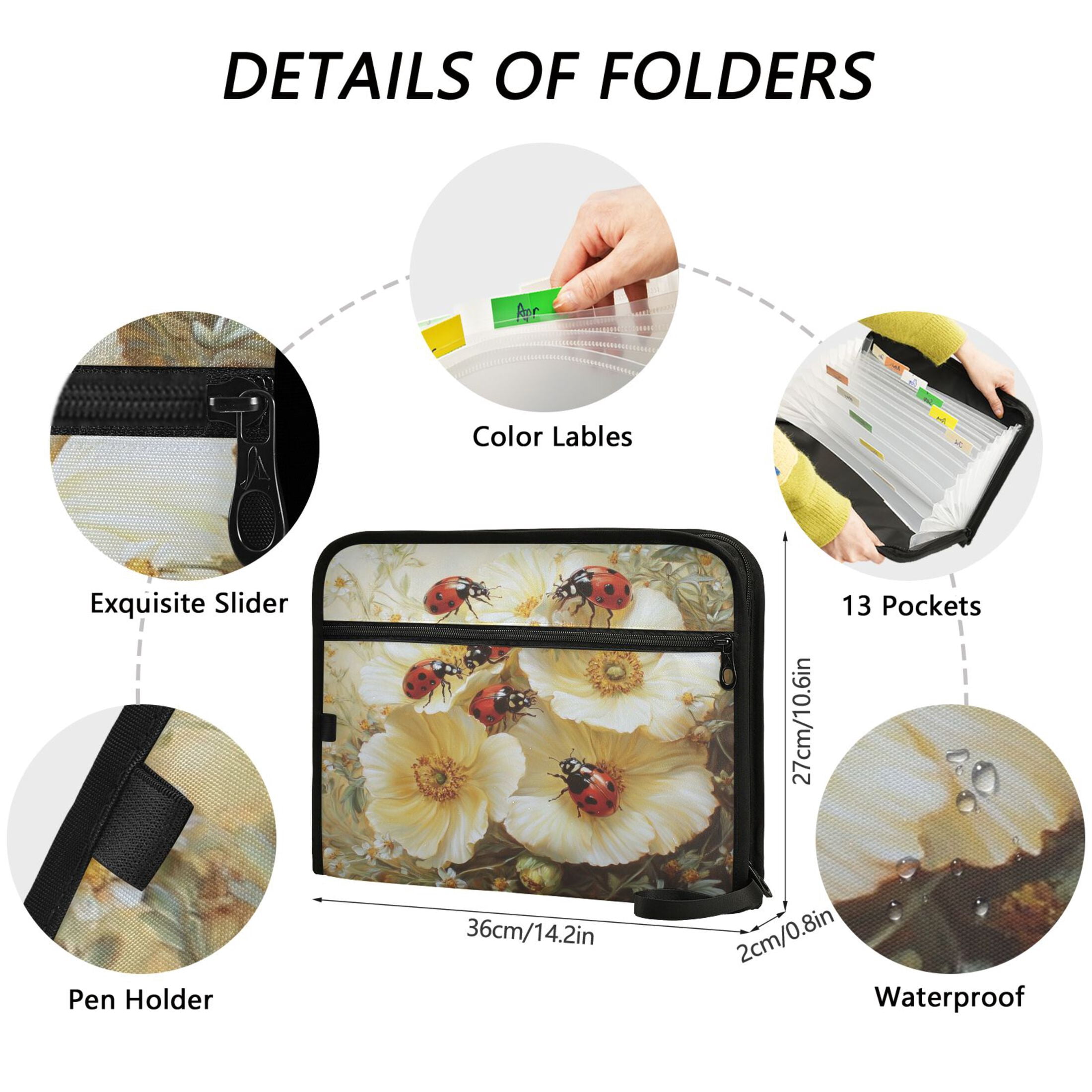 WOBOGO Ladybugs Picking Flowers Expanding File Folder Letter Size Accordion Filing Organizer 13 Pocket Separate Organ Pocket