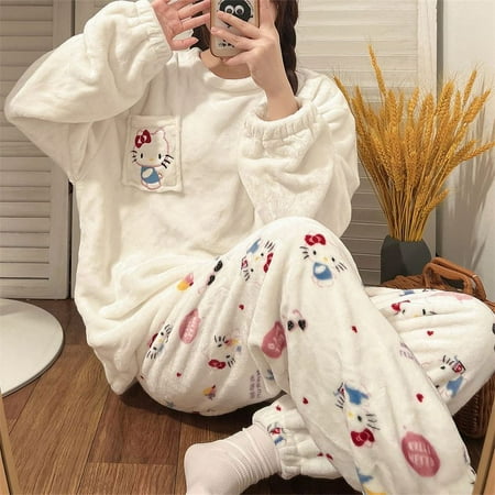 

Sanrios Coral Velvet Pajamas Kawaii Cute Hello Kitty Kuromi Mymelody Pochacco Cartoon Thick Warm Flannel Household Clothes Set