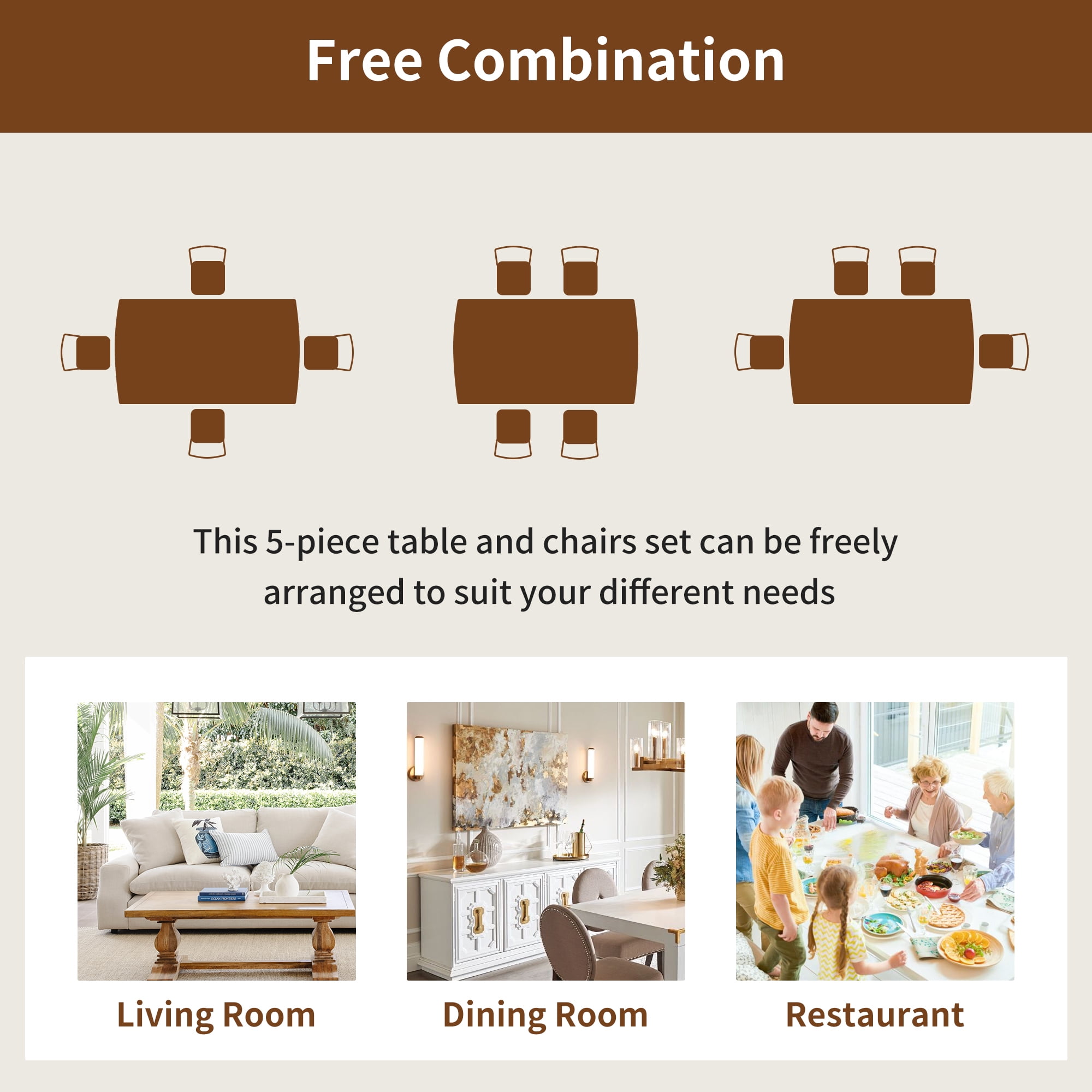 EUROCO 5-Piece Solid Wood Dining Table Set for 4,Farmhouse Modern Kitchen Table & 4 Chairs Set for Home,Kitchen, Apartment,Space-Saving,Brown