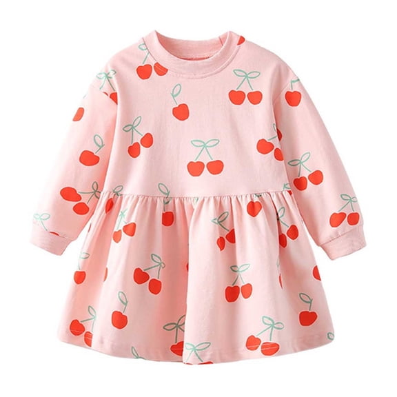 XAOFW Girls Dresses Cherry Print Long Sleeves Round Neck Gown Autumn Winter Toddler Kids Soft Cozy Casual Daily Wear Sundress