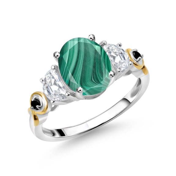 Gem Stone King 925 Silver and 10K Yellow Gold 3-Stone Ring Oval Green Malachite and Moissanite (3.01 Cttw, Size 6)