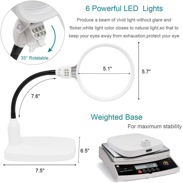 8X Extra Large 5.5 Inch LED Lighted Hands-Free Desktop Magnifier