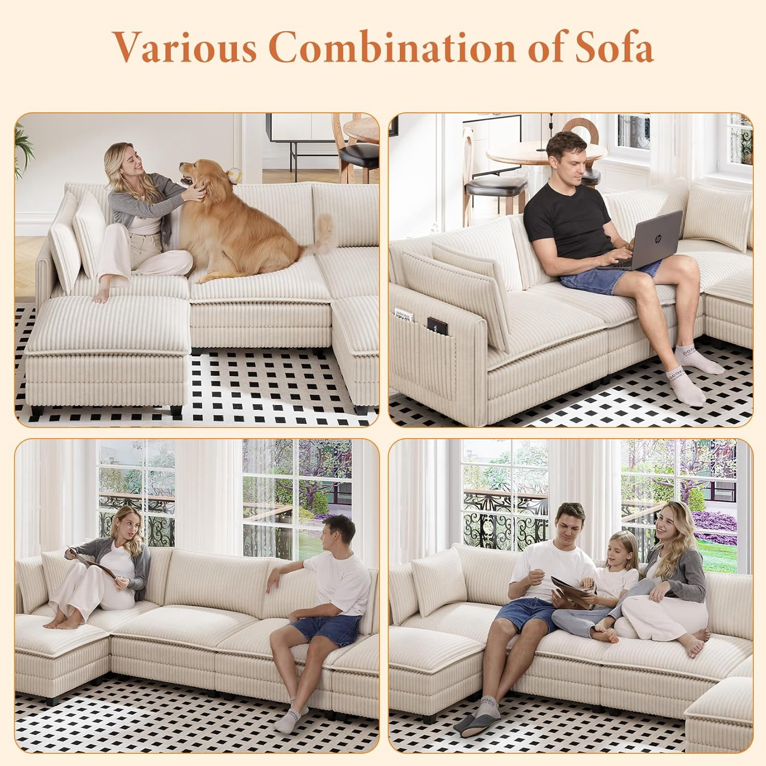 Neche 143" L Shaped Modular Sectional Sofa, Comfy Corduroy Upholstered Modular Sectional Couches for Living Room, Modern Cloud Couch with Ottoman Deep Seat, Beige