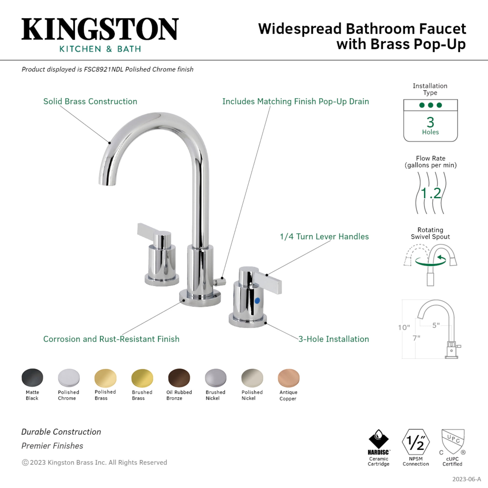 Kingston Brass FSC892NDLAC NuvoFusion Widespread Bathroom Faucet with Brass Pop-Up, Antique Copper