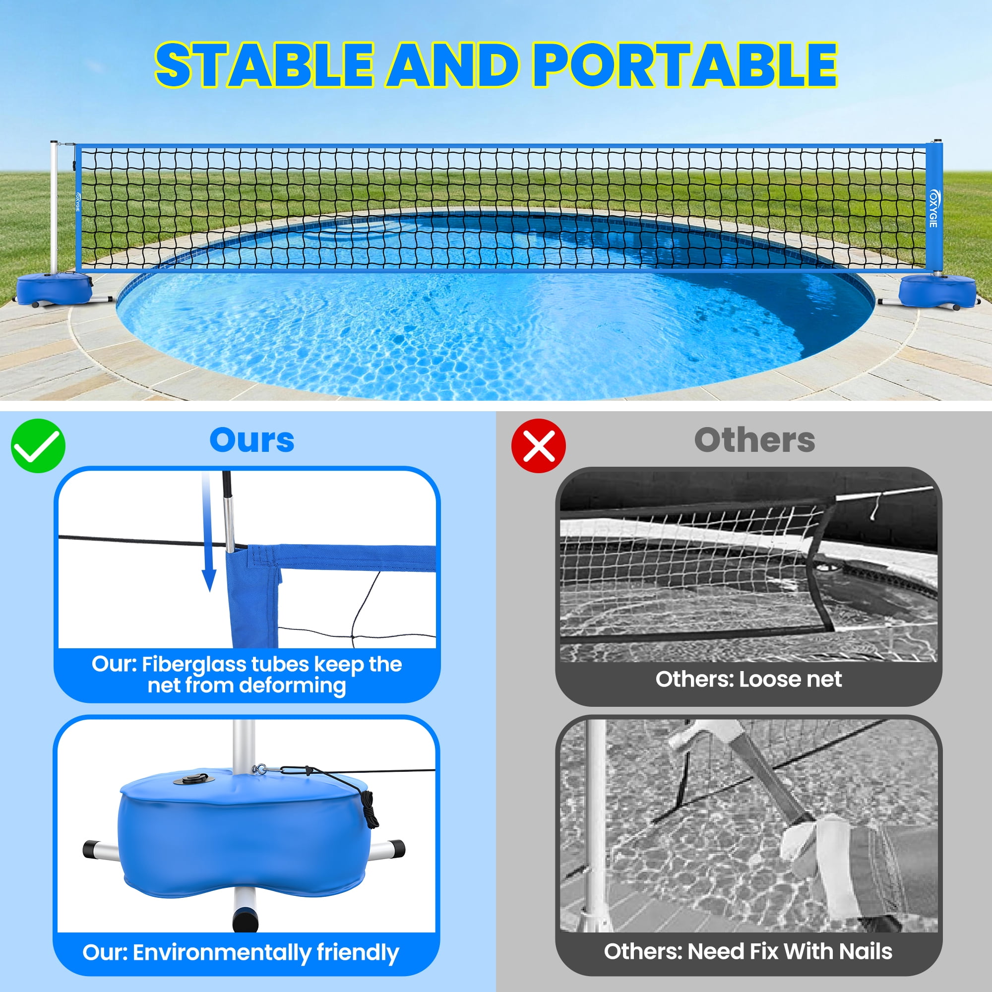 PATIASSY Pool Volleyball Net Set for Swimming Pool, Adjustable 15–30FT with Stable Weighted Base, Easy Setup Outdoor Pool Game for Family & Party Fun