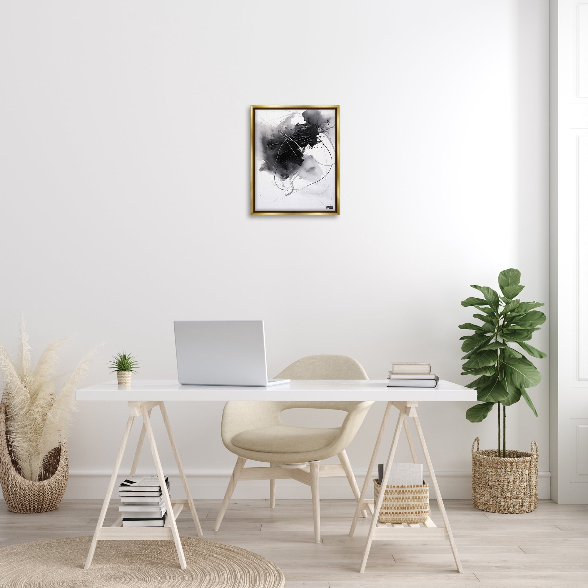 Stupell Industries Contemporary Watercolor Smear Abstract Painting Gold Floater Framed Canvas Art Print Wall Art, 17 x 21