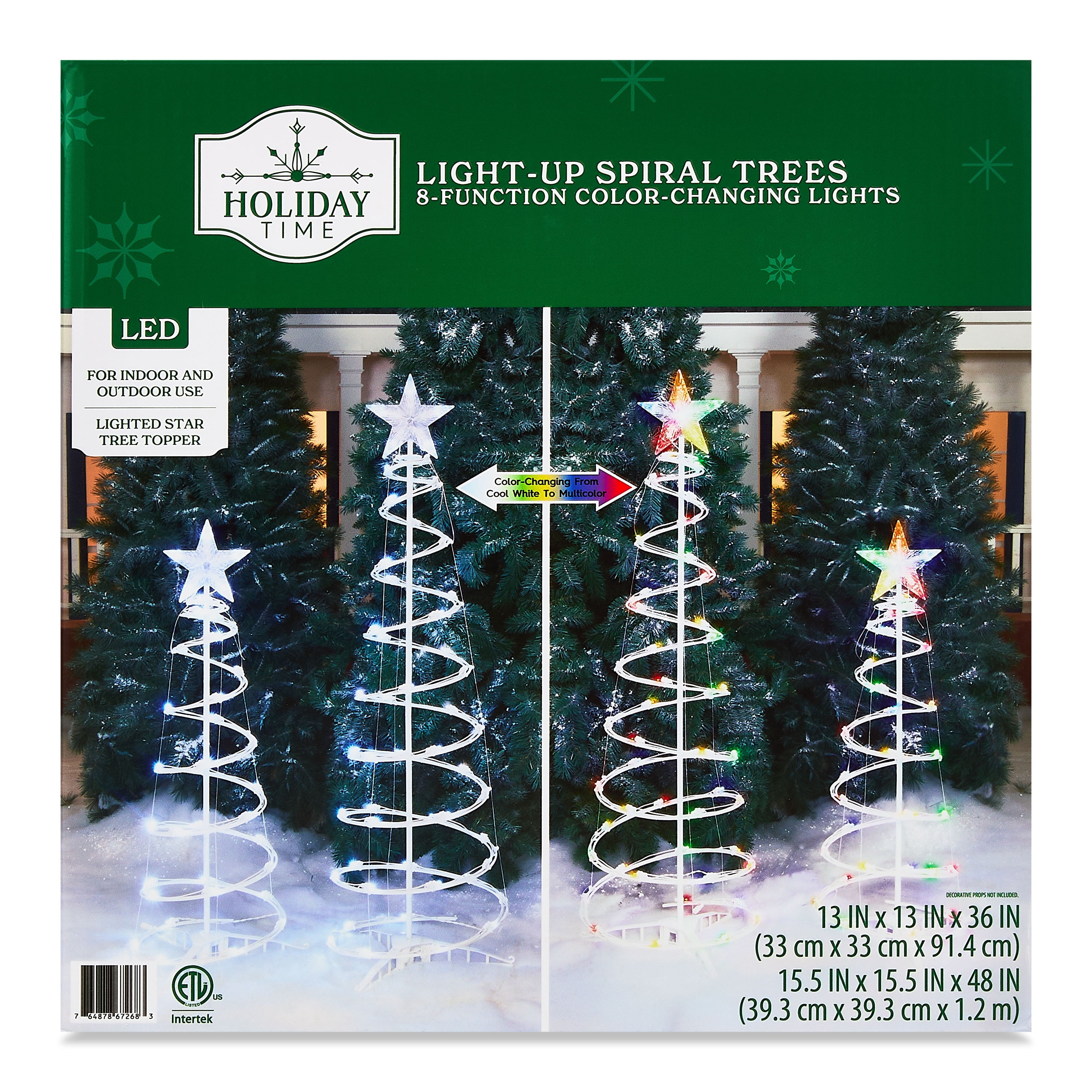 Indoor/Outdoor LED Light-Up 8-Function Color-Changing Spiral Christmas Trees, Cool White to Multicolor, Set of 2, by Holiday Time