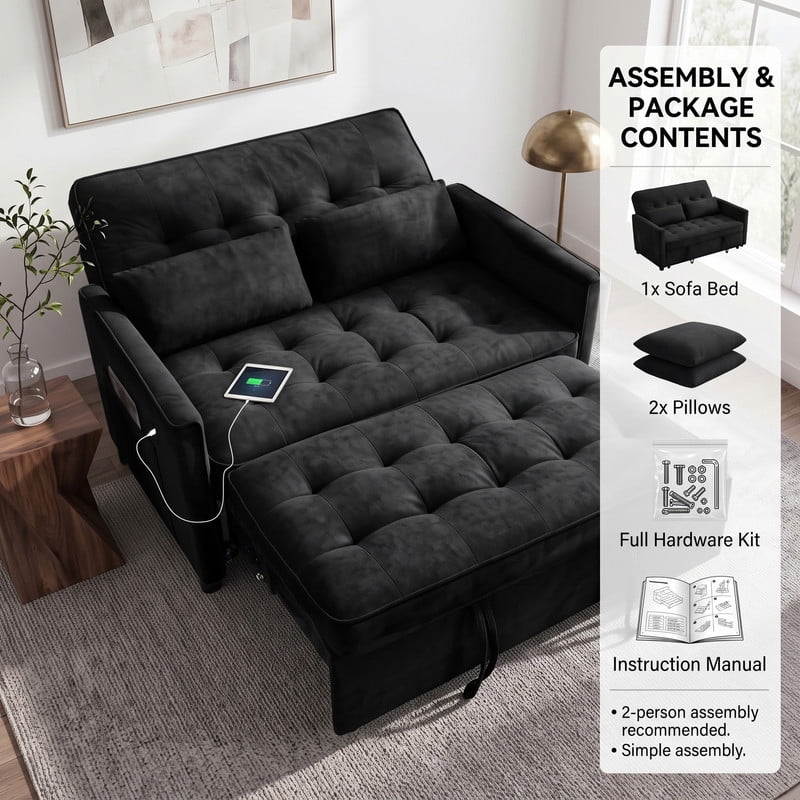 Anpport 54" 3‑in‑1 Convertible Sofa Bed, Towel Fabric, 3‑Position Adjustable Backrest with USB Charging Ports, for Living Room, Apartment, Black