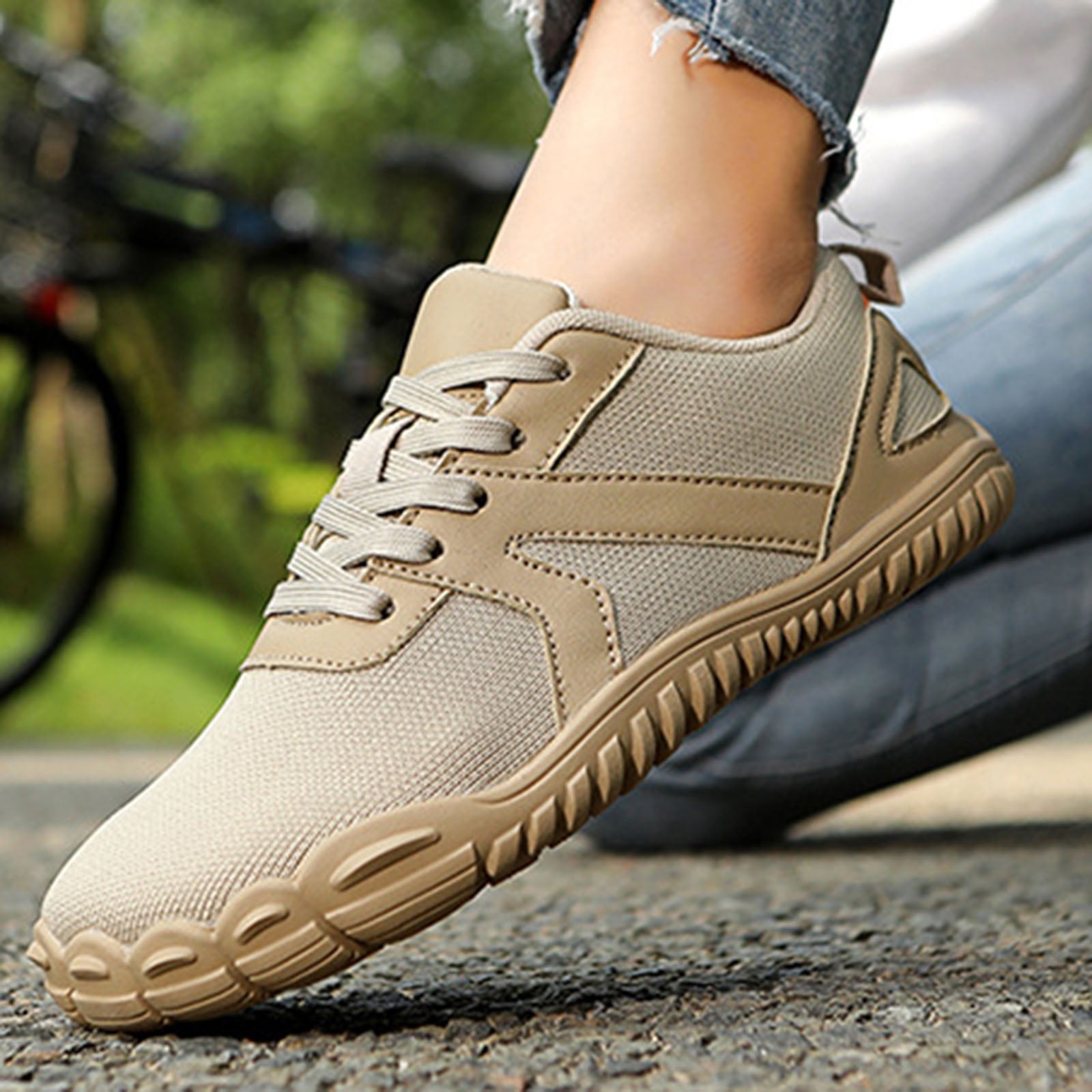 Barefoot Shoes Women Men Wide Toe Box Sneakers Mesh Lace up Running Hiking Shoes Lightweight Workout Gym Footwear Khaki Size 9
