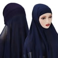 thumbnail image 3 of Long Chiffon Solid Color Hijab Veil Headscarf Skullies Women Beanies Muslim Scarf NAVY BLUE, 3 of 8