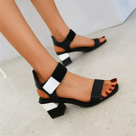 

Cathalem Ladies Fashion Blocking Leather Open Toe Hook Loop Thick High Heeled Sandals Arch Fit Sandals for Women Black 6.5