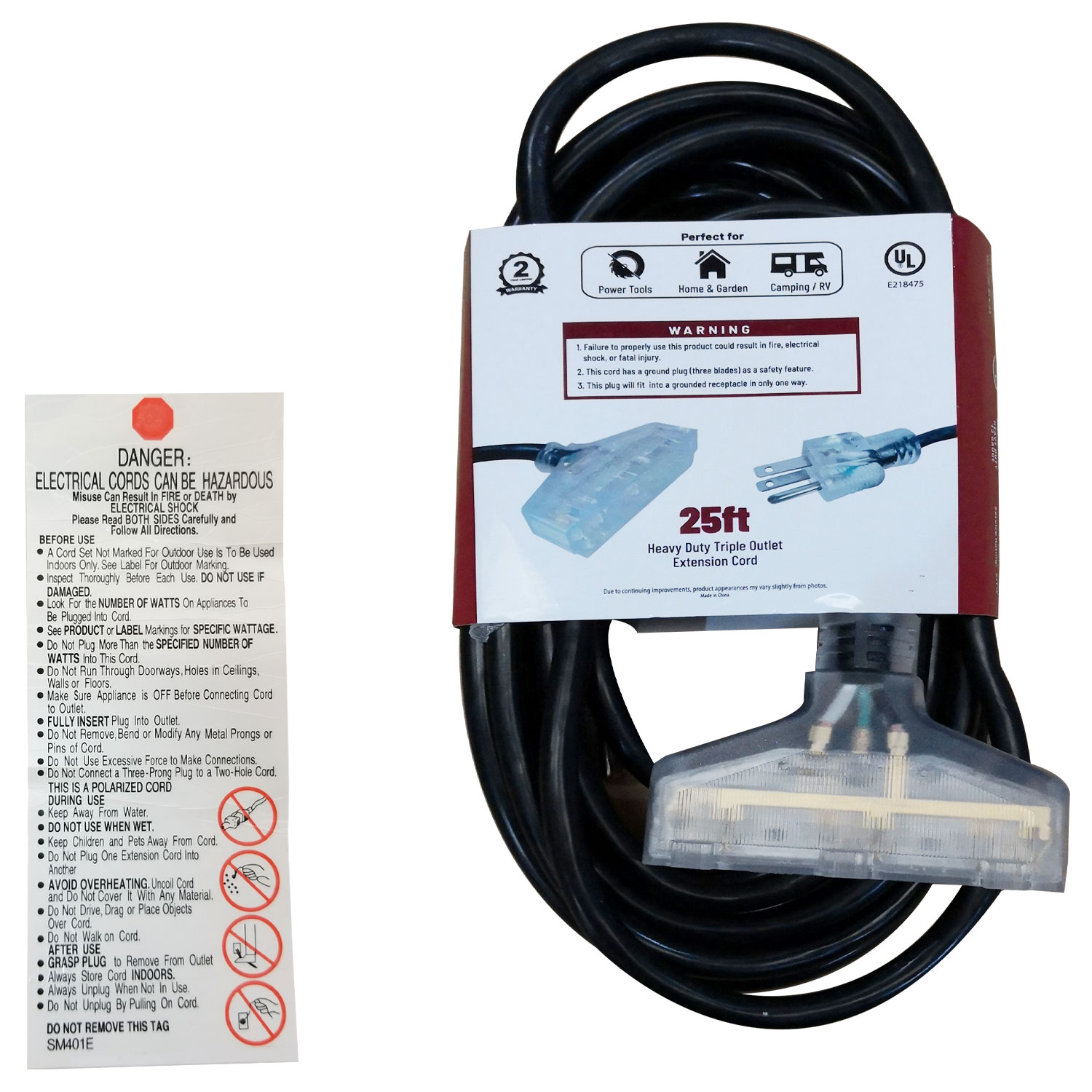 Royal Designs, Inc. Heavy Duty Extension Cord with Indicator light for Indoor & Outdoor, 25 ft long, Black, 3 Outlet Prong Grounded Wire UL Listed
