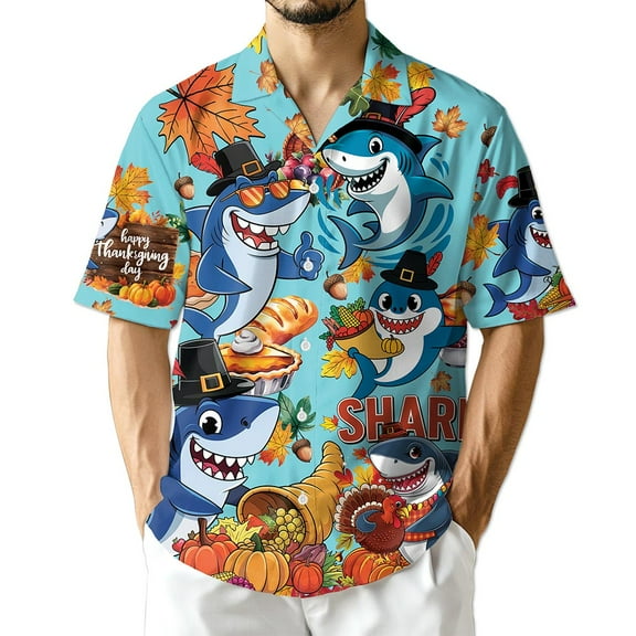 Netecom Shark Thanksgiving Hawaiian Shirt for Men, Happy Turkey Day Button Down Summer Beach Short Sleeve Shirts, S-5XL