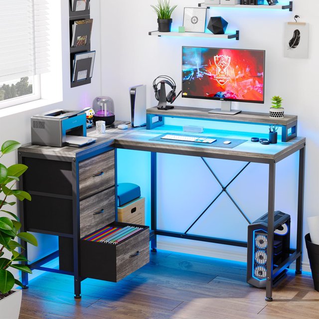 Gaming Desk L-Shaped Desk with 3 Drawers, 47.3" Corner Computer Desk with USB Charging, Power Outlets, Monitor Stand, LED Lights, Reversible Design