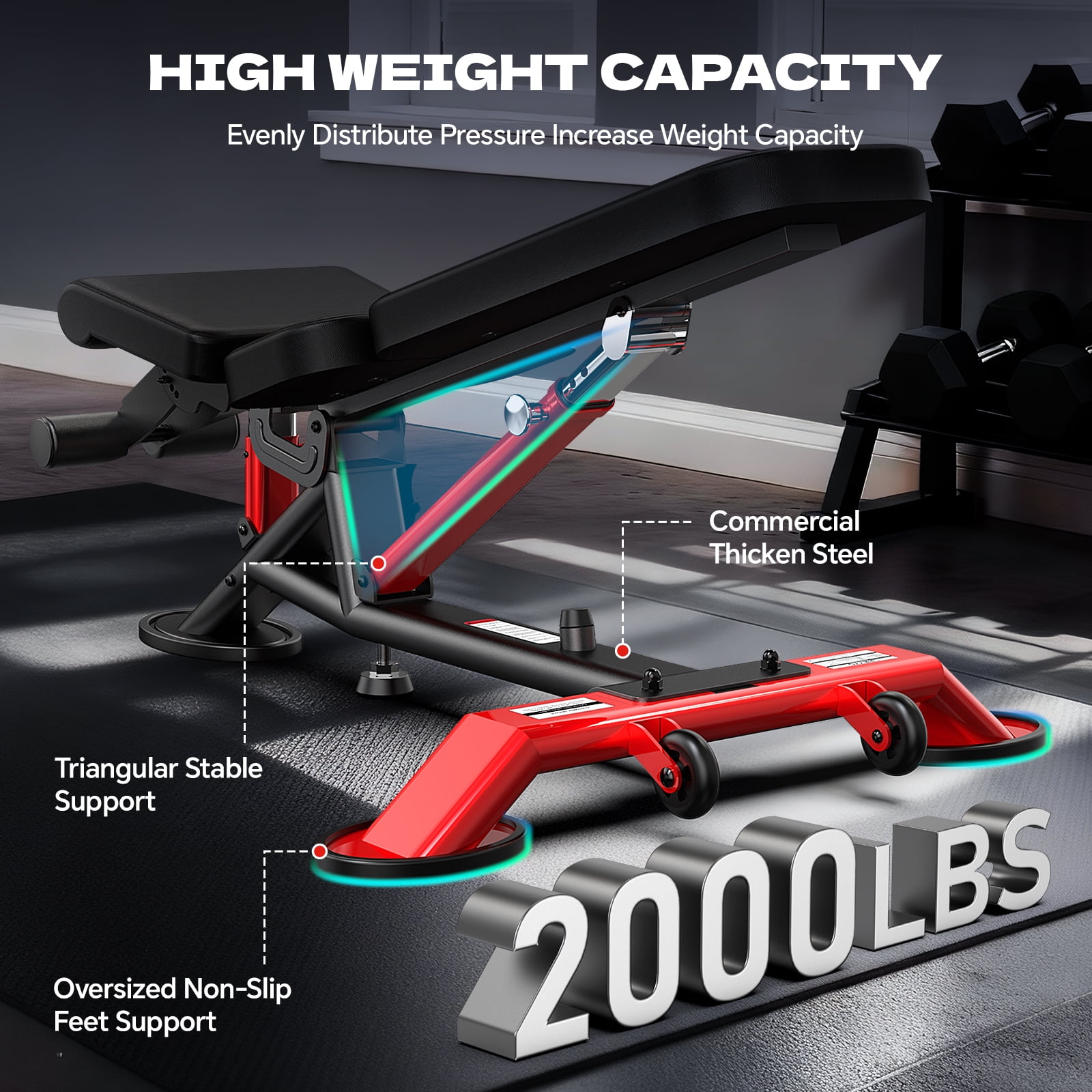 TOSSFD Heavy Duty Adjustable Weight Bench 2000 LBS, Commercial Home Gym Bench for Full Body Workout with Decline/Incline/Flat Positions, Extra Wide & Stable