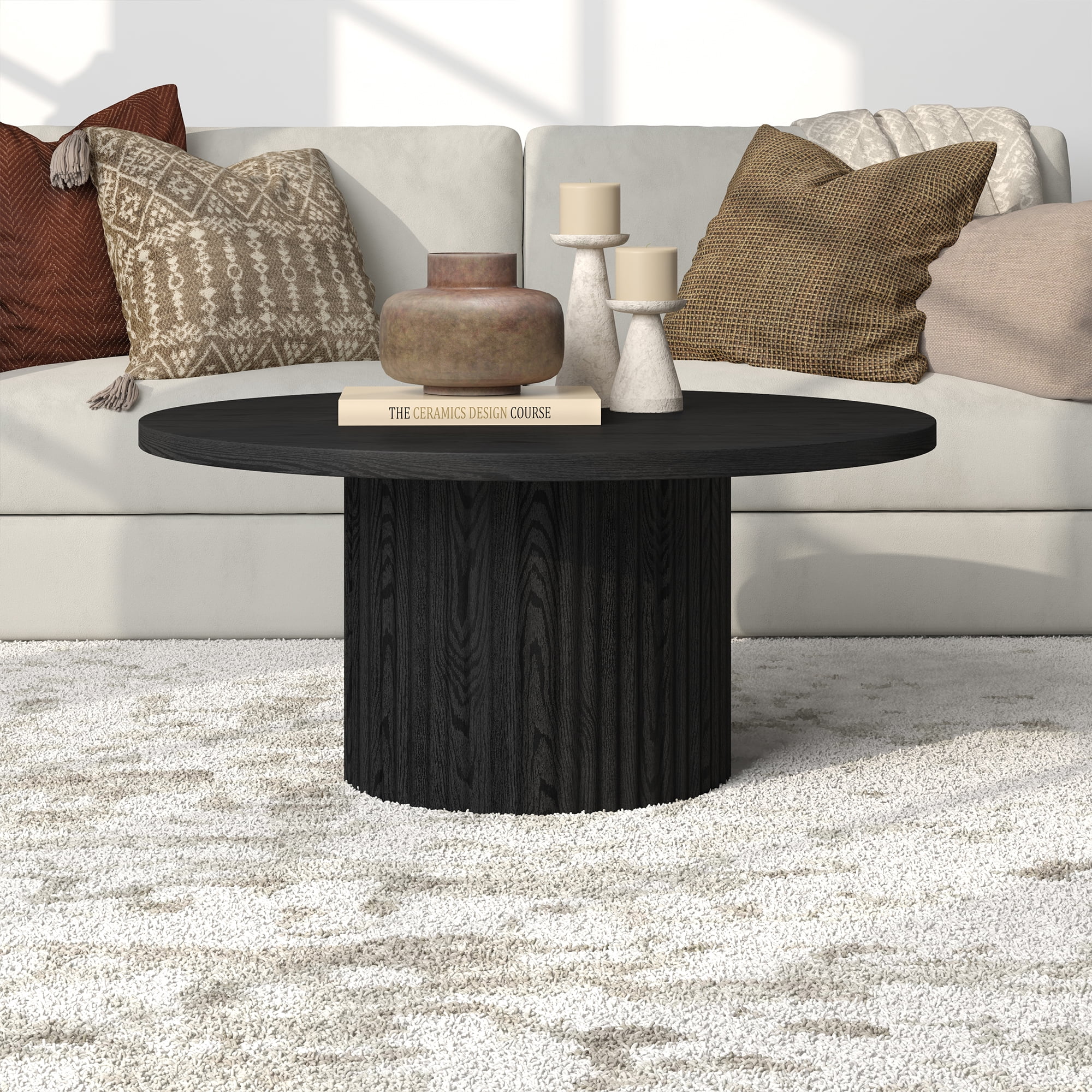 Rollan 32" Wide Round Fluted Coffee Table in Black Grain