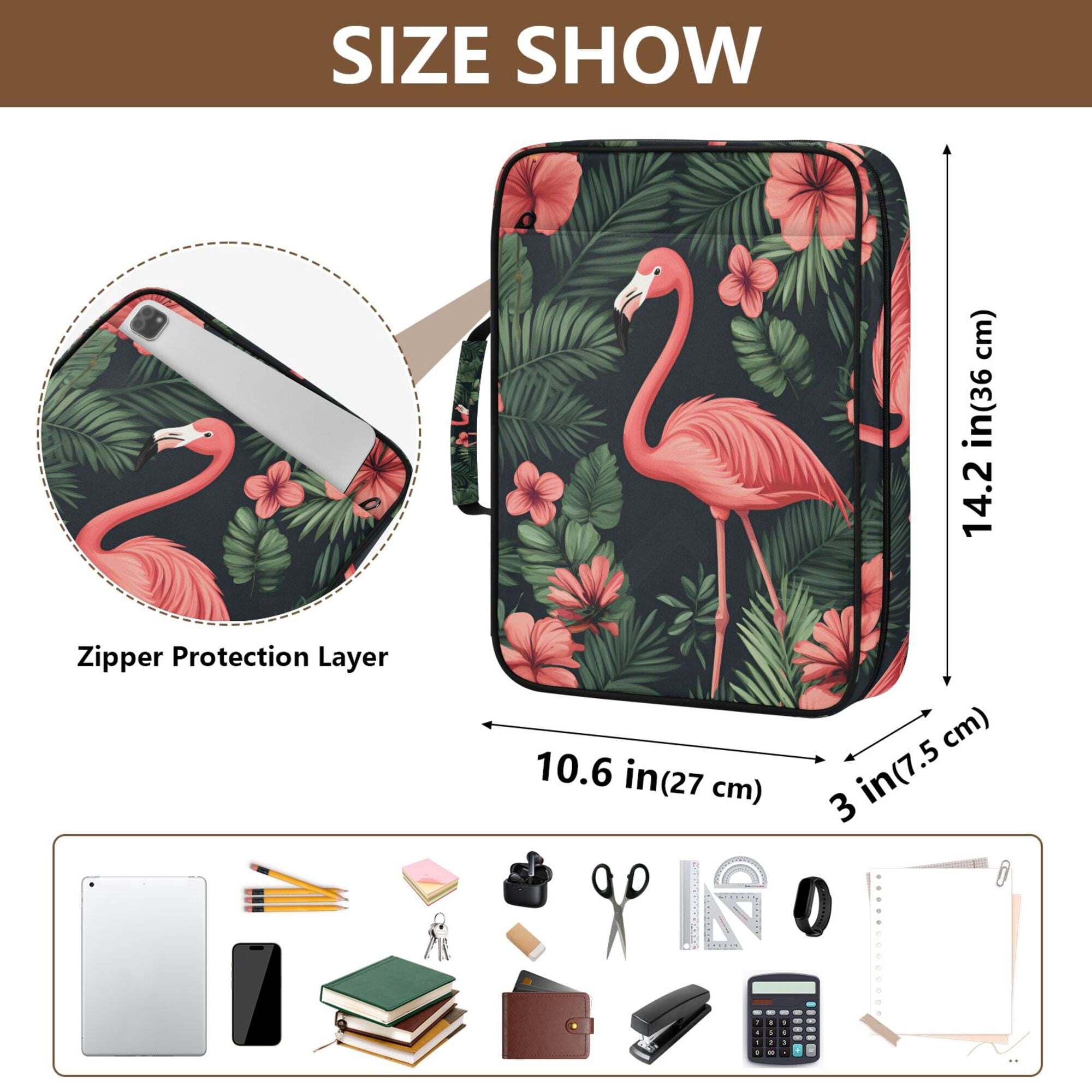 FORMRS Accordion File Folder A4 Size 7-Pocket Expanding Document Organizer Bag with 3 Ring Binder, Red Flamingo Pattern