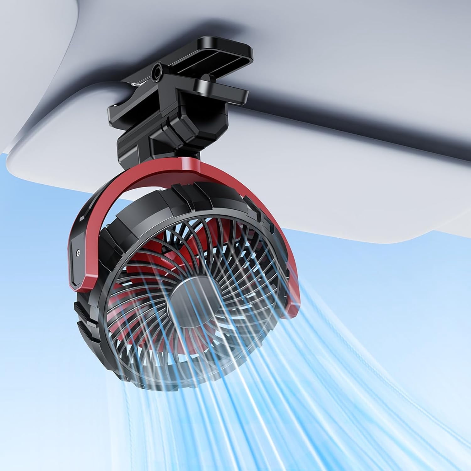 Car Clip on Fan for Sun Visor Handle, 2000mAh Rechargeable Fan That Blows Cold Air, Portable Car Cooling Fan for Vehicles Without AC, for Car, Van, SUV, RV, Truck (Red)