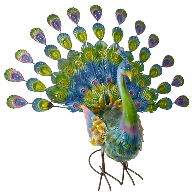Angelo Décor Statue de Paon en Métal de 30 Pouces avec un Paon en Métal Coloré Orienté vers l'Avant Présentant des Plumes Détaillées Bleues, Vertes, Jaunes et Roses, Éventail, Debout sur des Pattes Métalliques Fines, Idéale pour le Jardin, le patio Ou un Usage Décoratif Intérieur.
