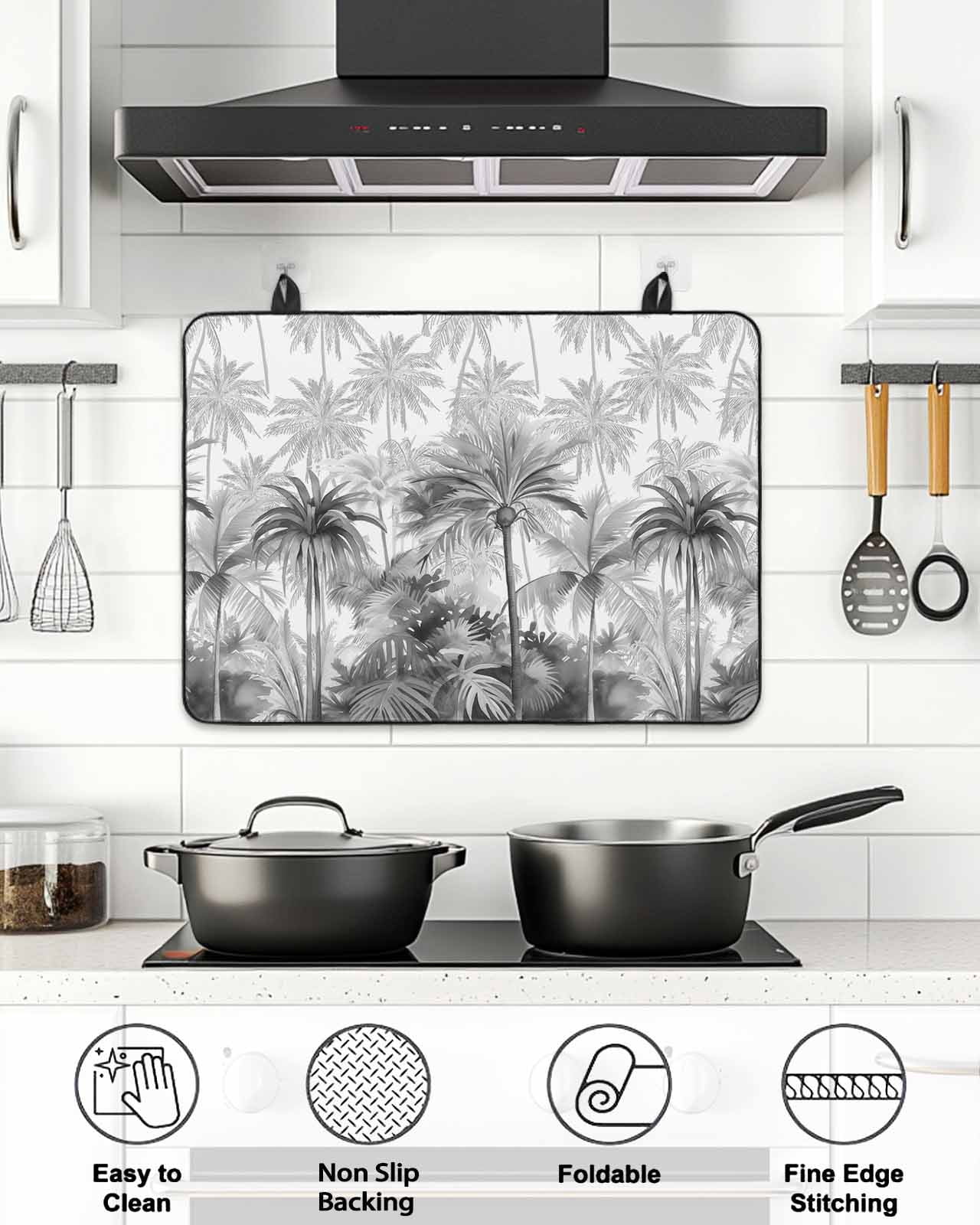 Stove Top Covers for Electric Stove, Summer Tropical Leaves Glass Stovetop Cover Protector, Gray Palm Trees Botanical Induction Cooktop Protector Oven Mat for Kitchen Countertop 31"x24"