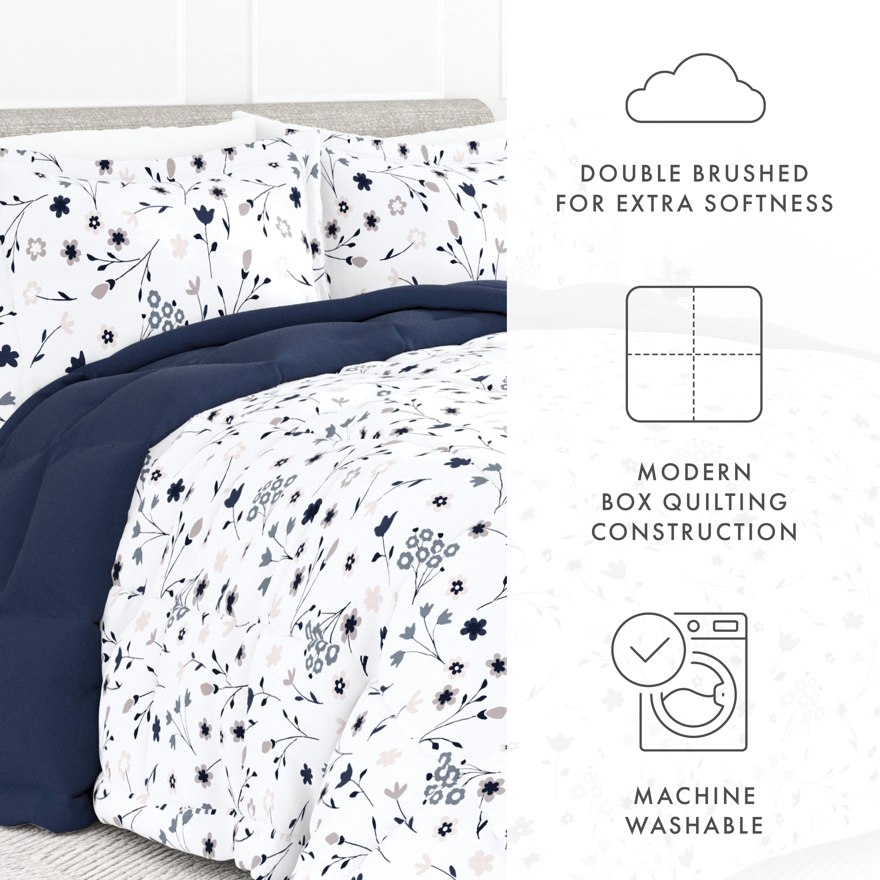 Noble Linens 3-Piece Navy Reversible Comforter Set, Full/Queen